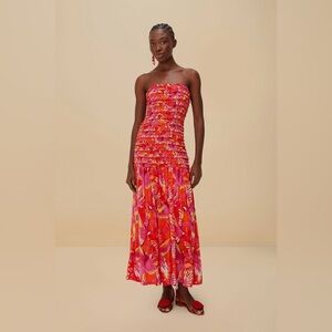 Farm Rio: Orange Flying Birds Strapless Midi Dress